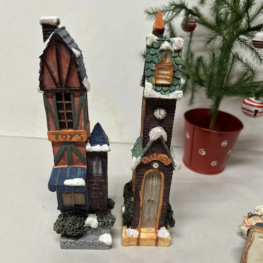 Christmas Village 4 Pieces, Two Pencil Houses, Two Elves, Resin,‎  Display